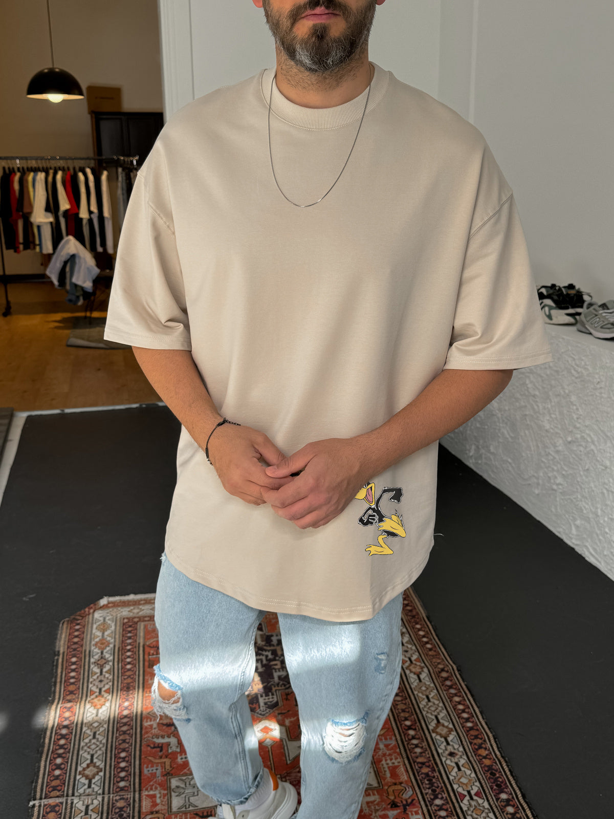 Beige "What's the duck" Printed Oversize T-Shirt - Broek