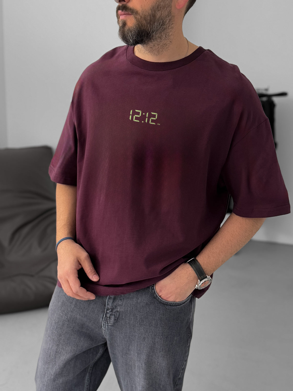 Burgundy "12:12" printed Oversize T-Shirt - Broek