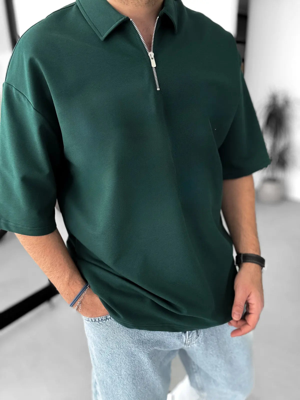 Olive-Green Basic Half Zipper T-Shirt - Broek
