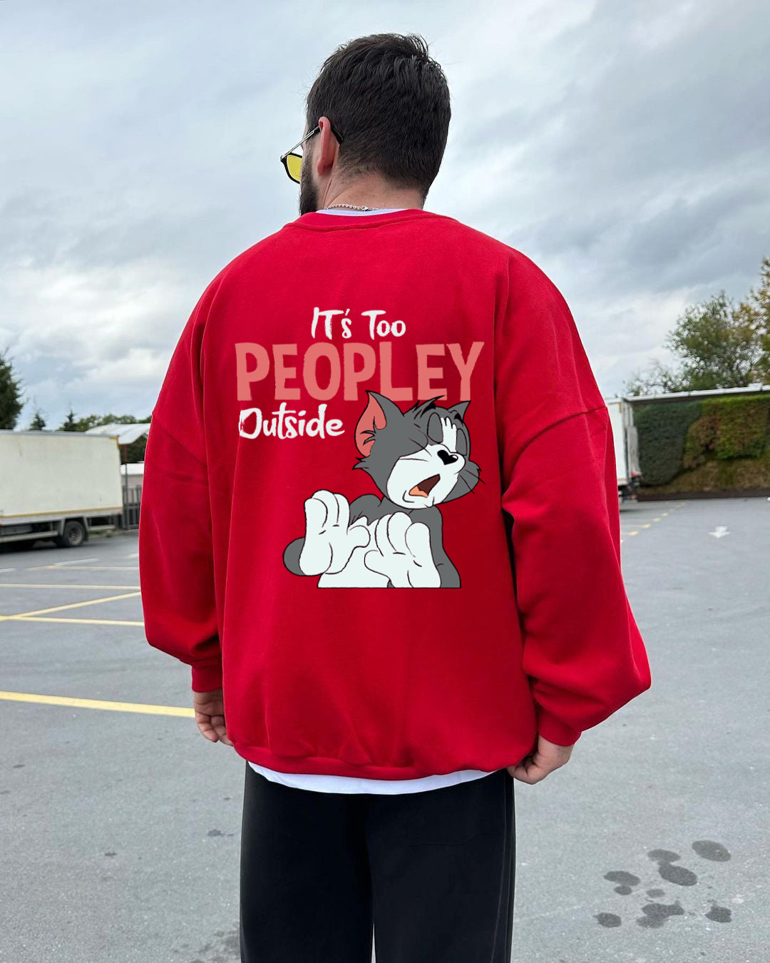 Red "it's-too-peoply-outside" Printed Oversize Sweatshirt Broek