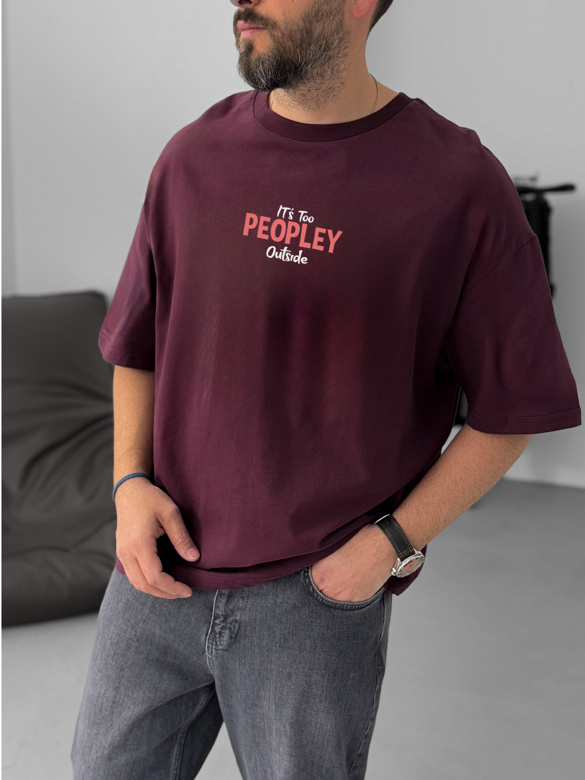 Burgundy "It's Too Peoply" printed Oversize T-Shirt