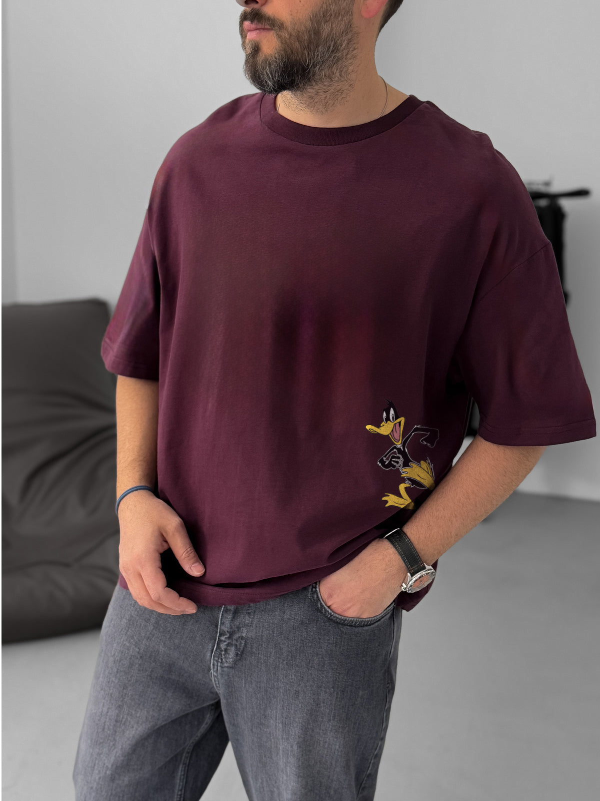 Burgundy "What's the duck" printed Oversize T-Shirt - Broek