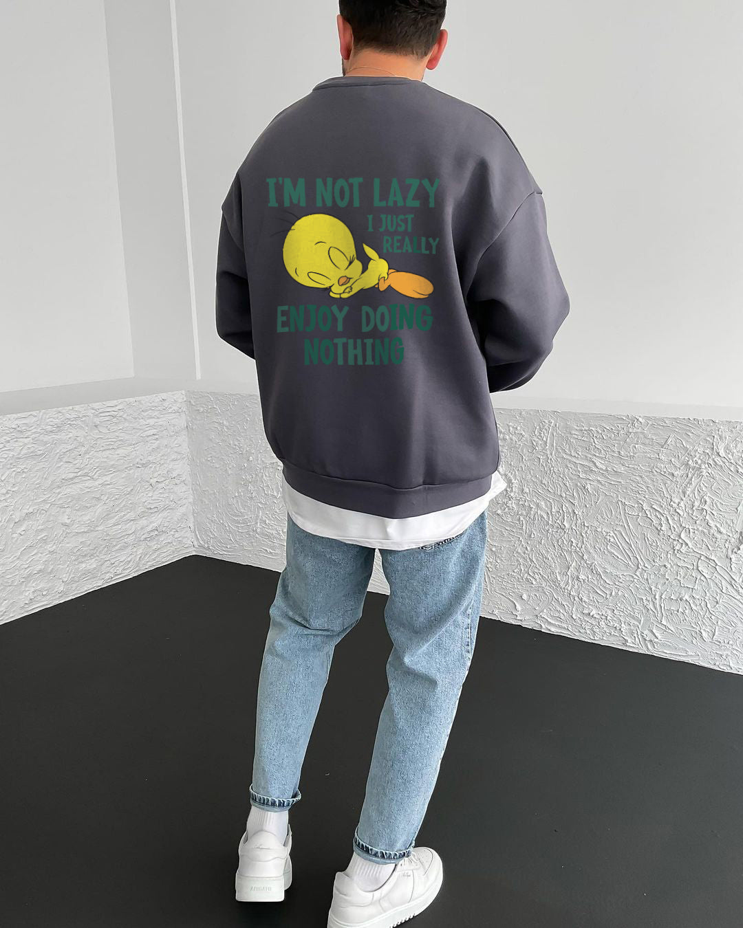 Smoked "i'm-not-lazy" Printed Oversize Sweatshirt Broek
