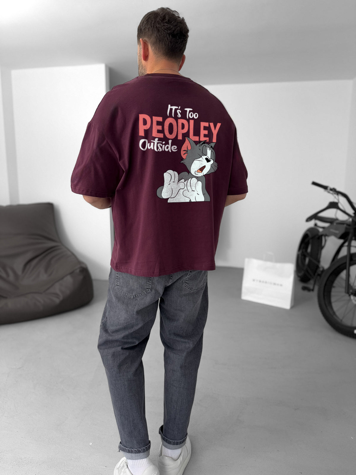Burgundy "It's Too Peoply" printed Oversize T-Shirt
