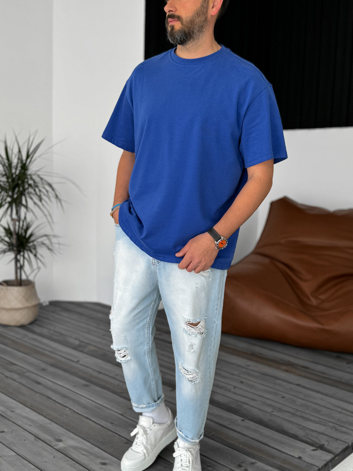 Royal Blue Basic Oversize T-Shirt - Broek