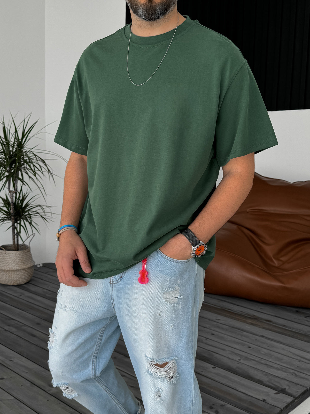 Premium Olive Basic Oversize T-Shirt - Broek
