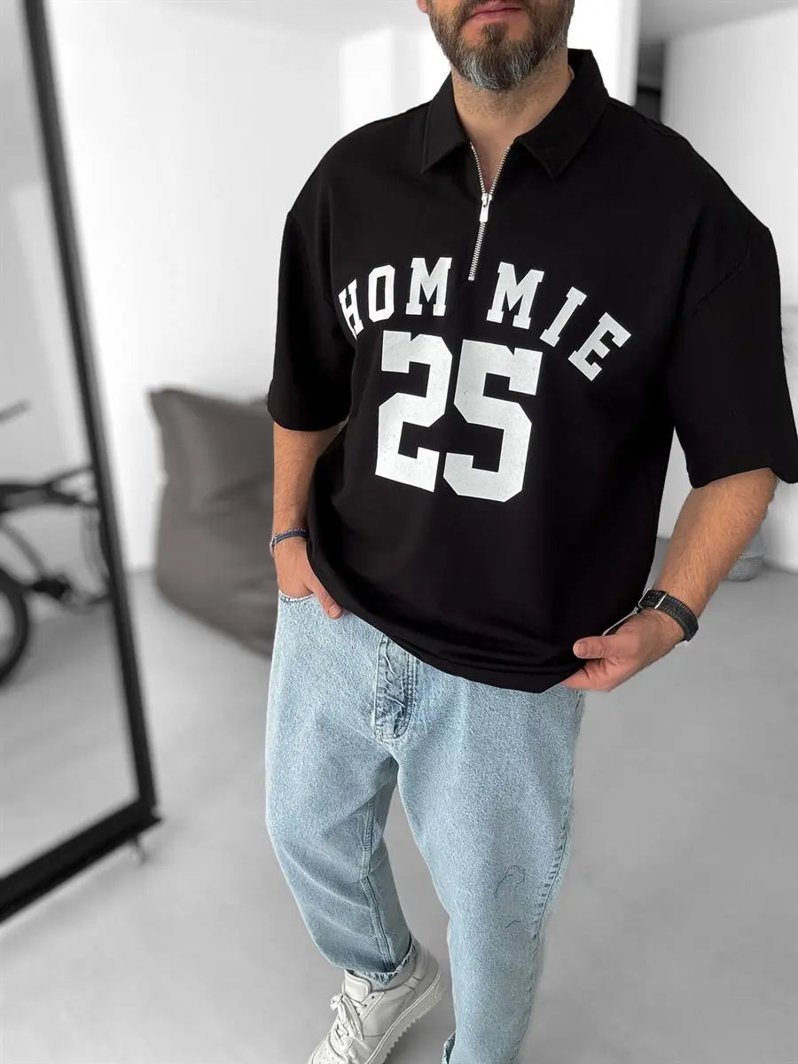 Black 25 Printed Half Zipper T-Shirt - Broek