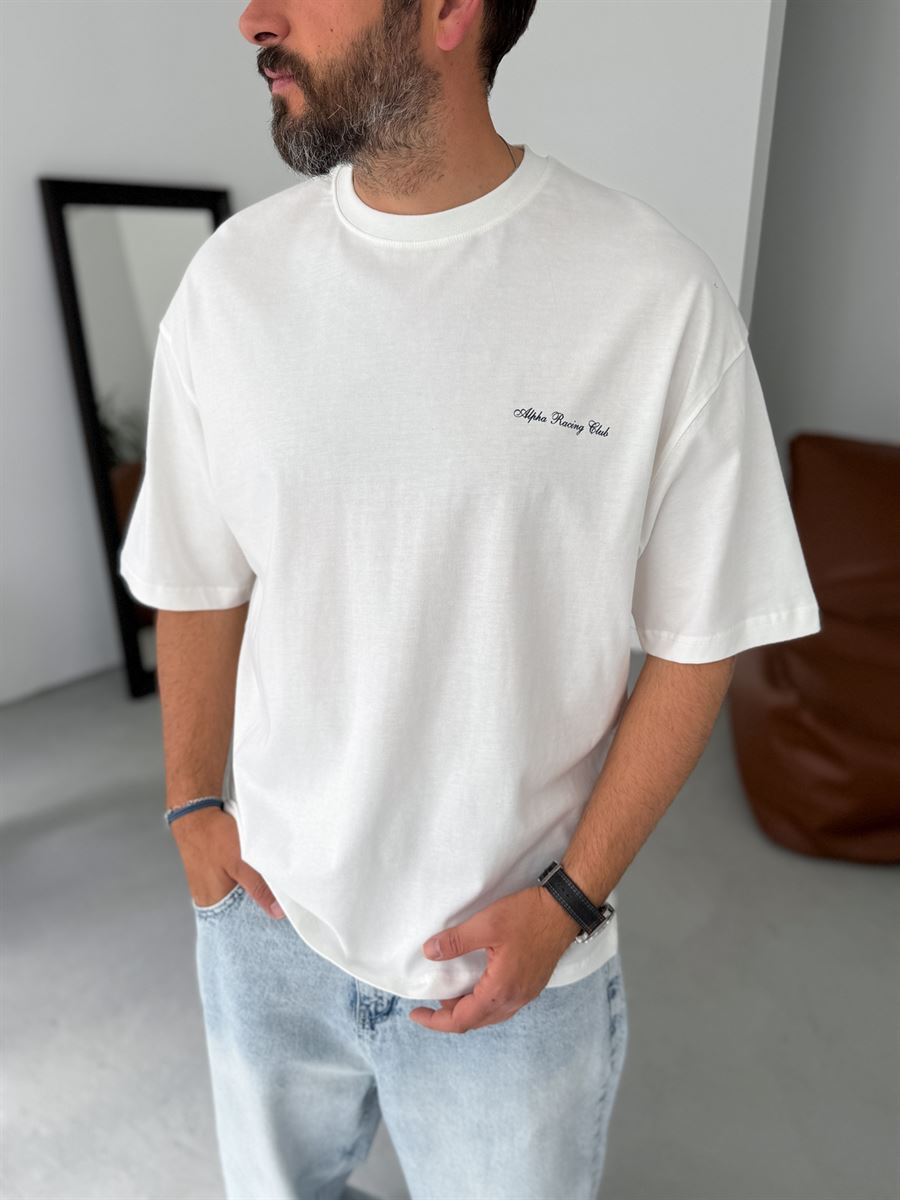 Premium White "Alpha Racing" Printed Oversize T-Shirt - Broek