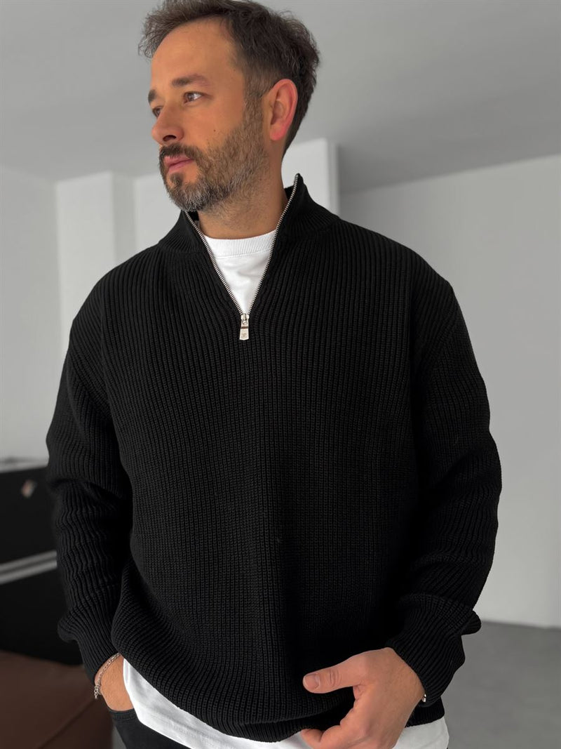 Premium Ribbed Quarter-Zip Knit Sweater - Black