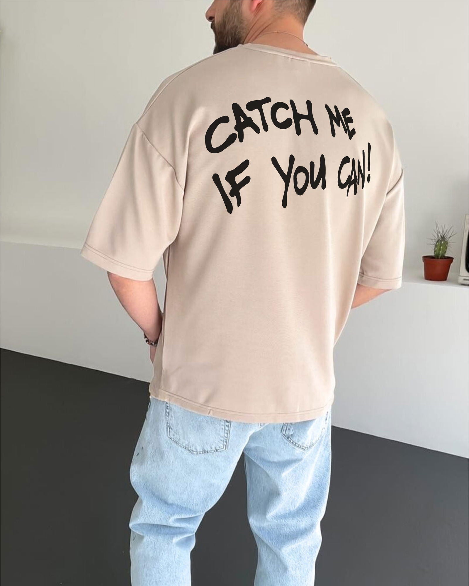 Beige "Cat" Printed Oversize T-Shirt - Broek