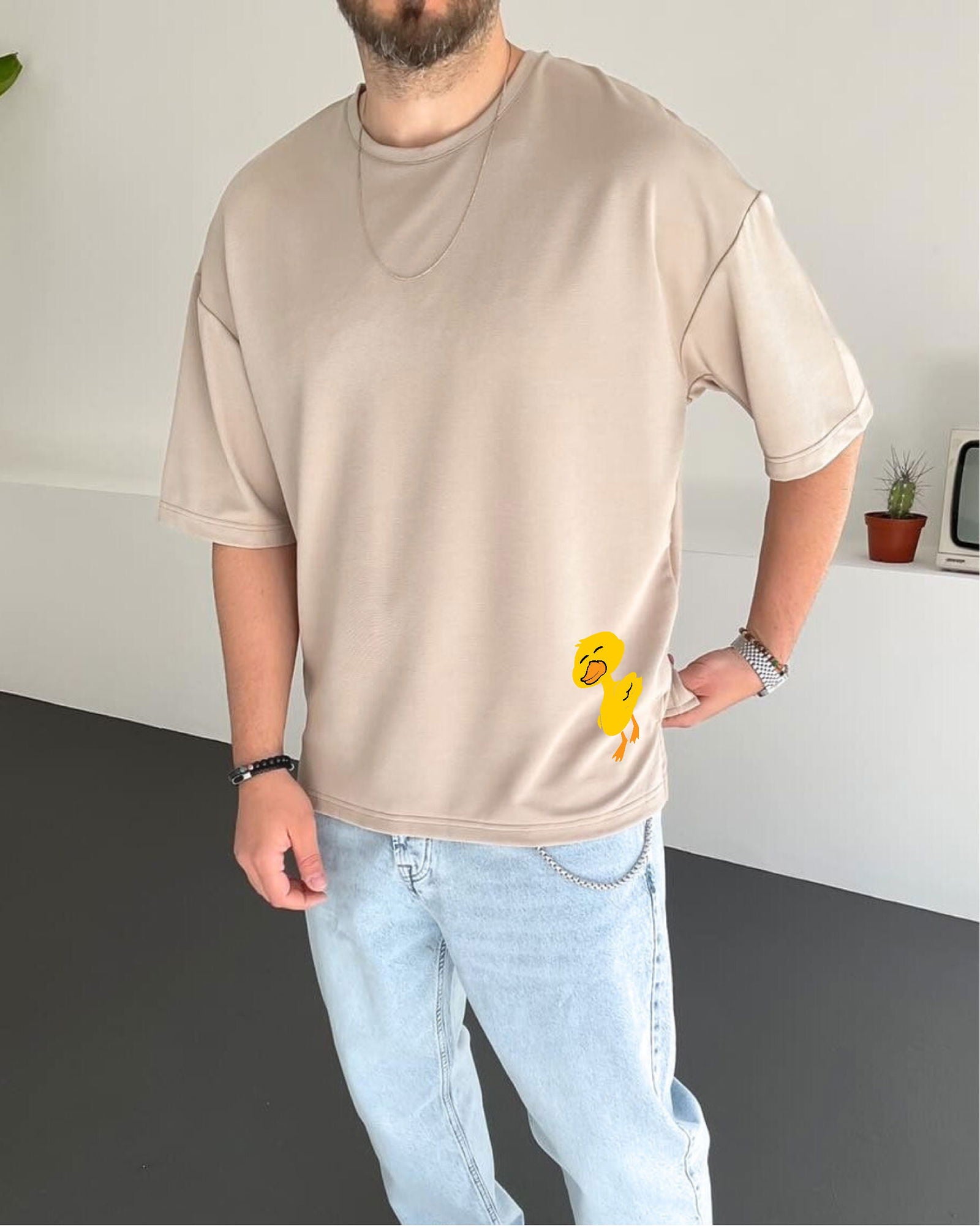 Beige "Duck Lover" Printed Oversize T-Shirt - Broek