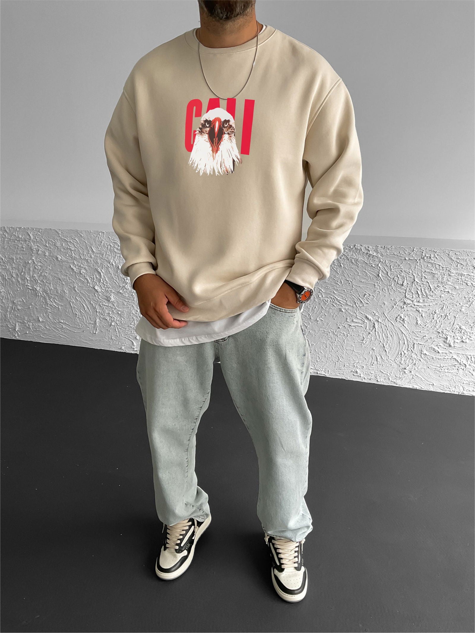 Beige "Eagle" Printed Oversize Sweatshirt - Broek