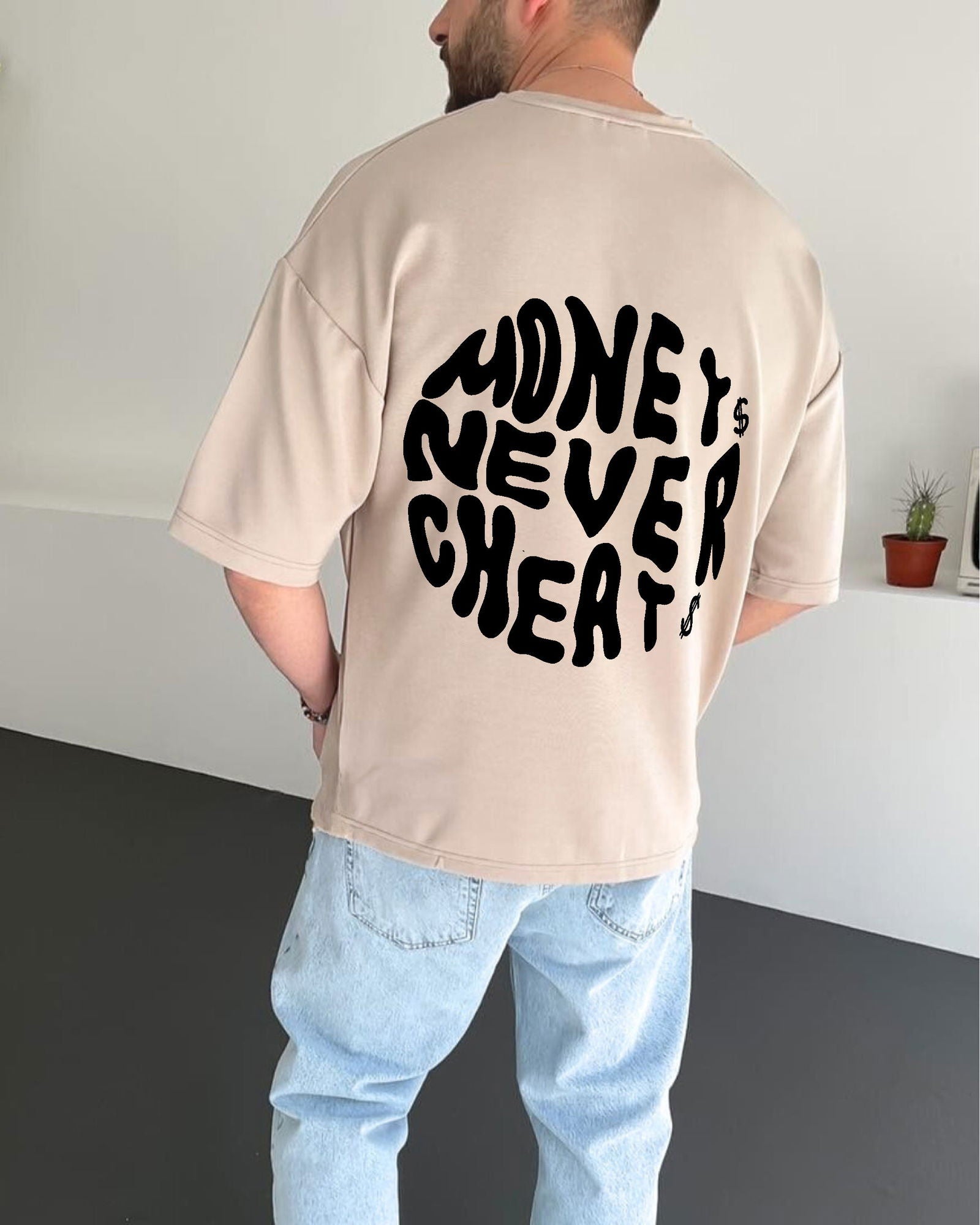 Beige "Money Integrity" Printed Oversize T-Shirt - Broek