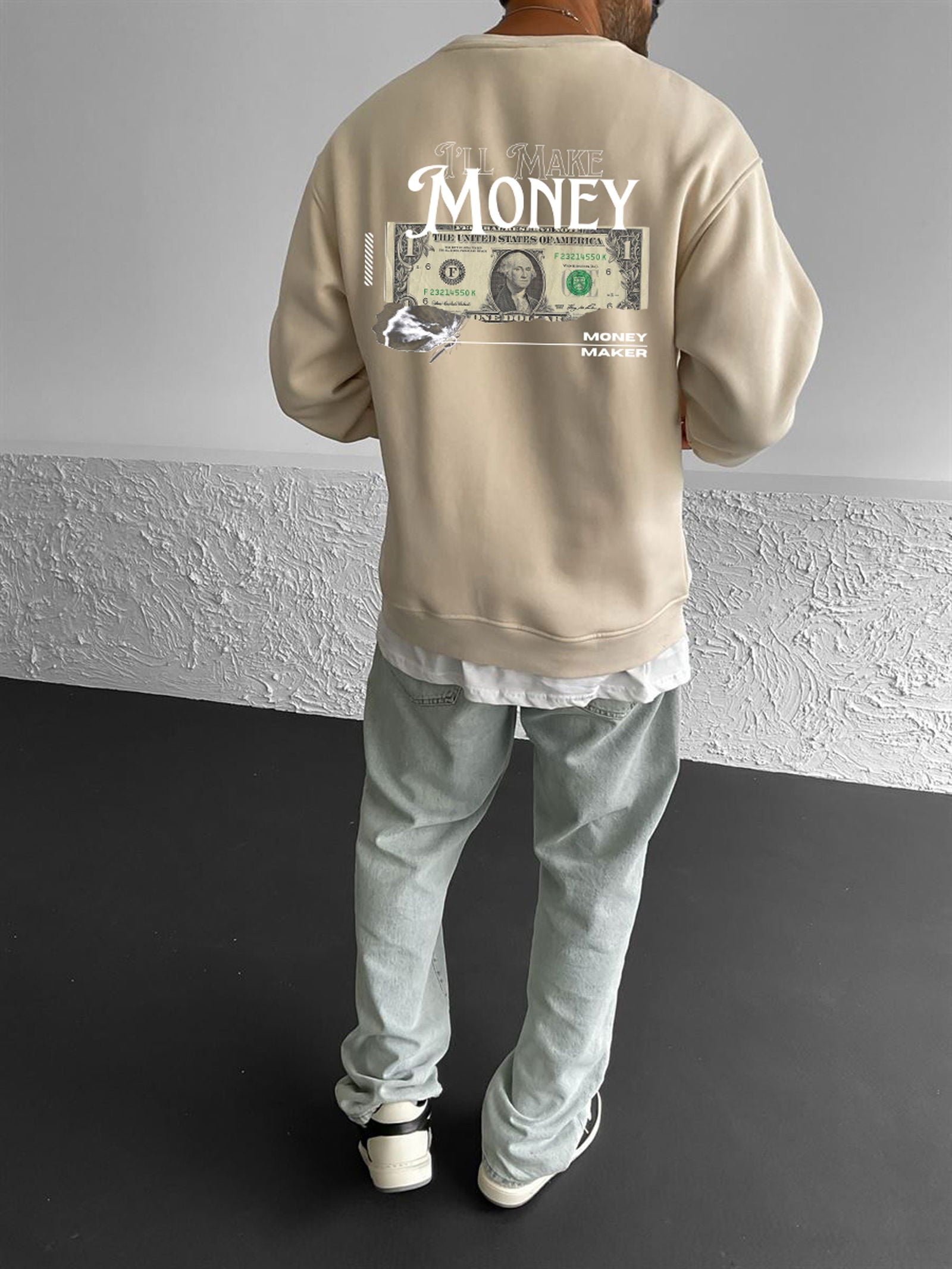 Beige "Money" Printed Oversize Sweatshirt - Broek