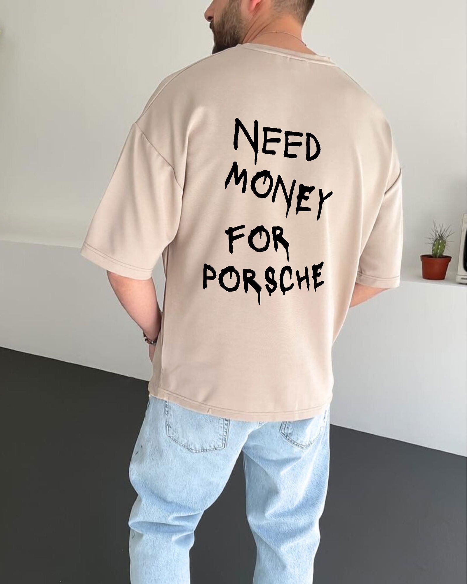 Beige "Porsche" Printed Oversize T-Shirt - Broek