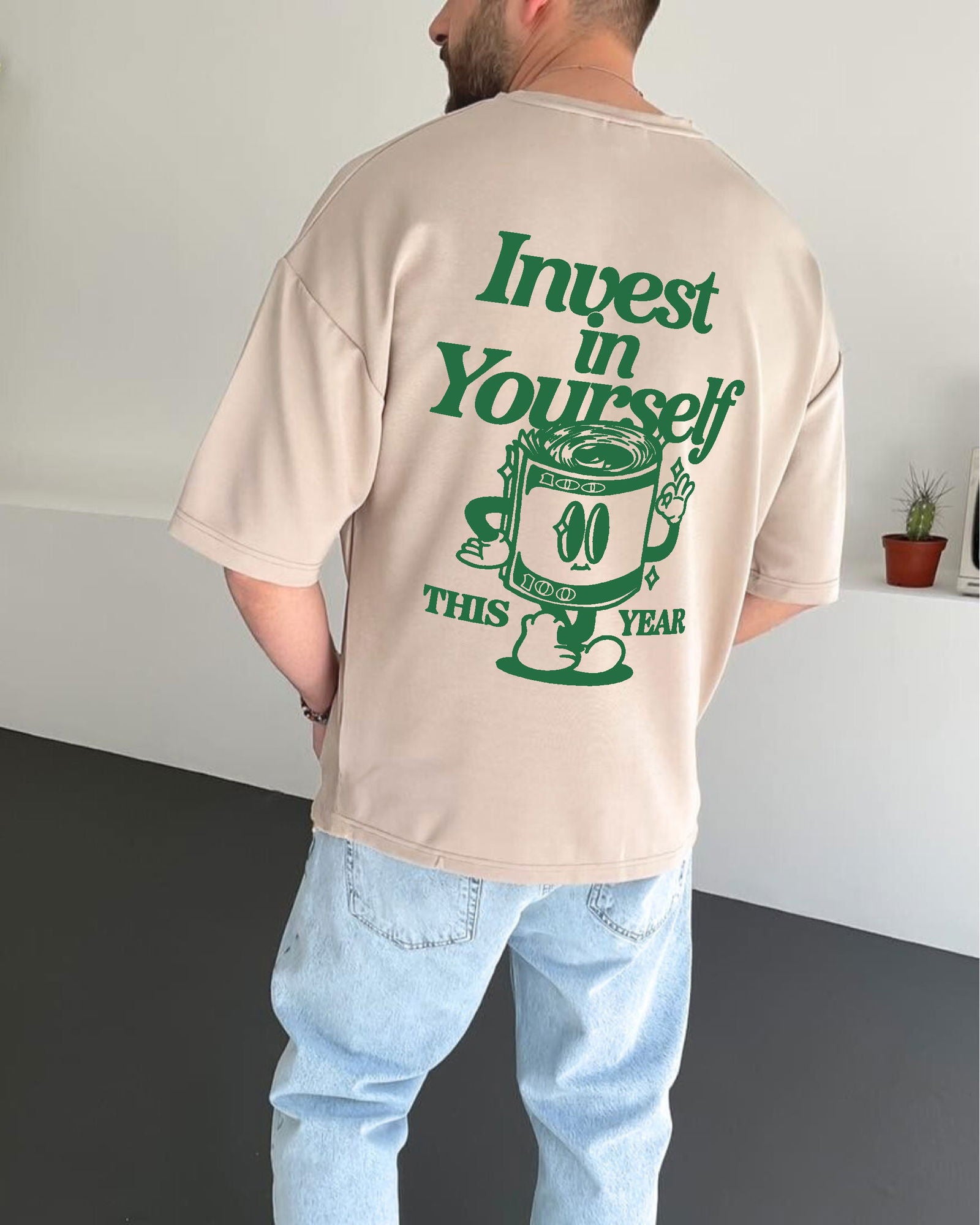 Beige "Self-improvement" Printed Oversize T-Shirt - Broek