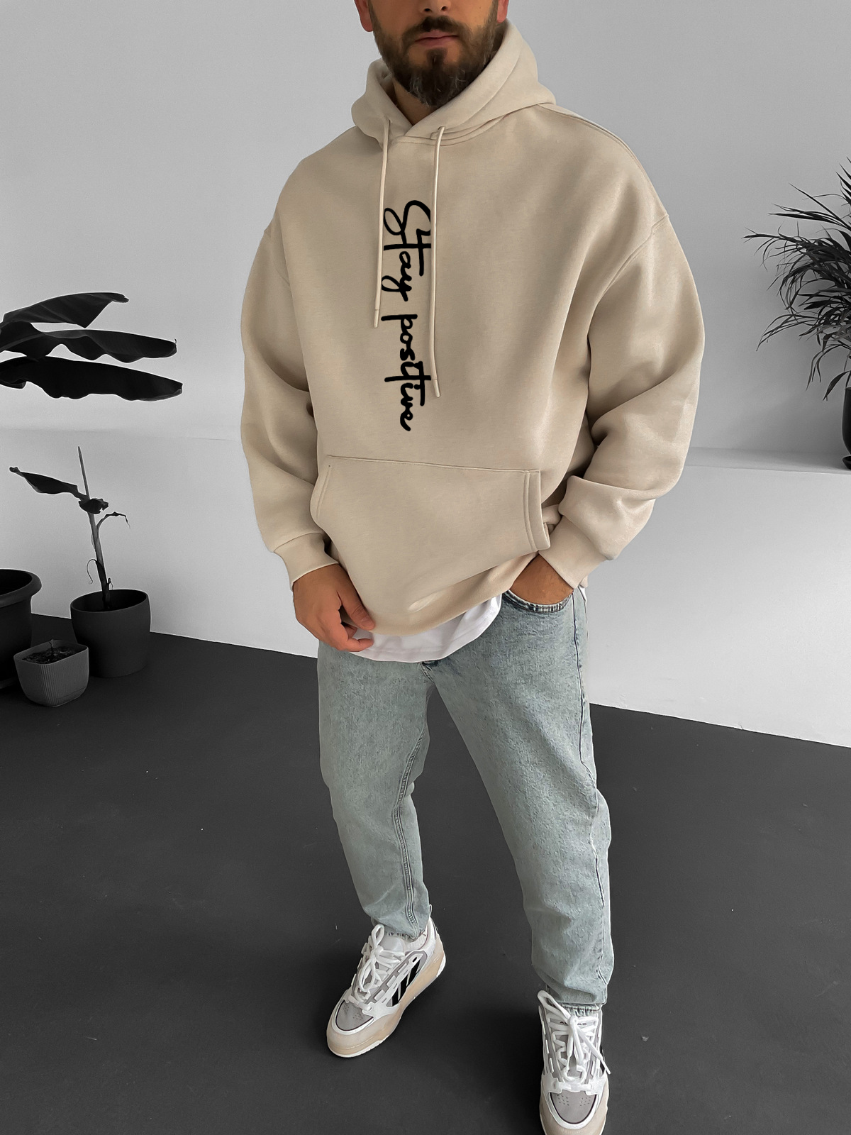 Beige "Stay Positive" Printed Oversize Hoodie - Broek