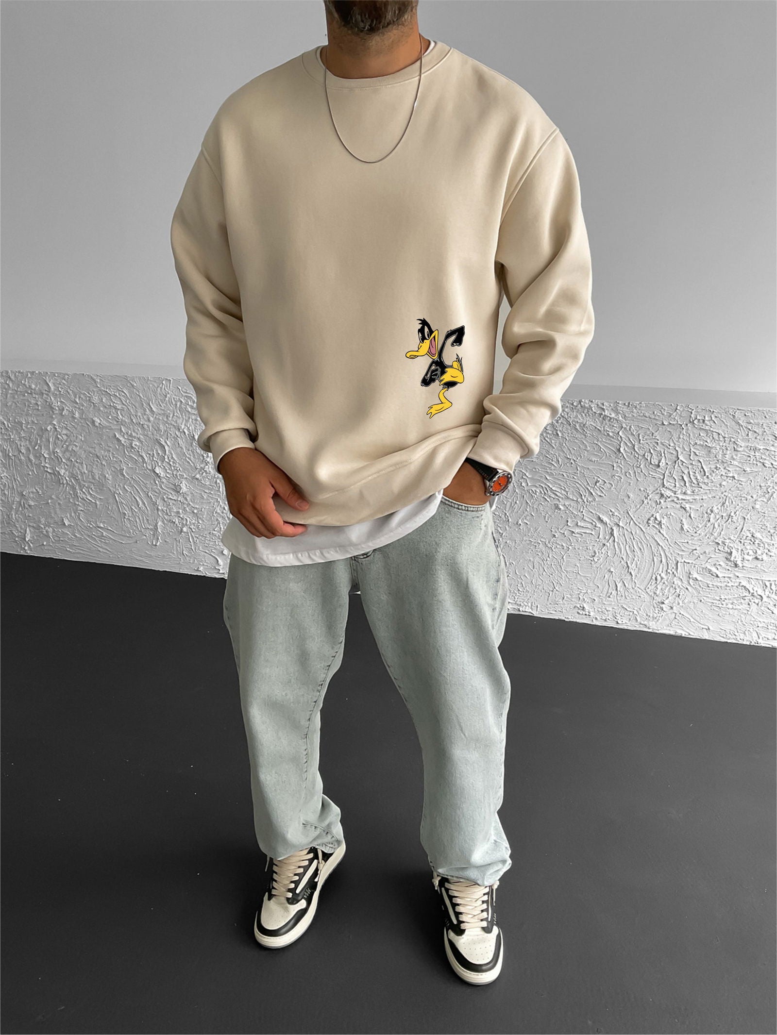 Beige "What's the duck" Printed Oversize Sweatshirt - Broek