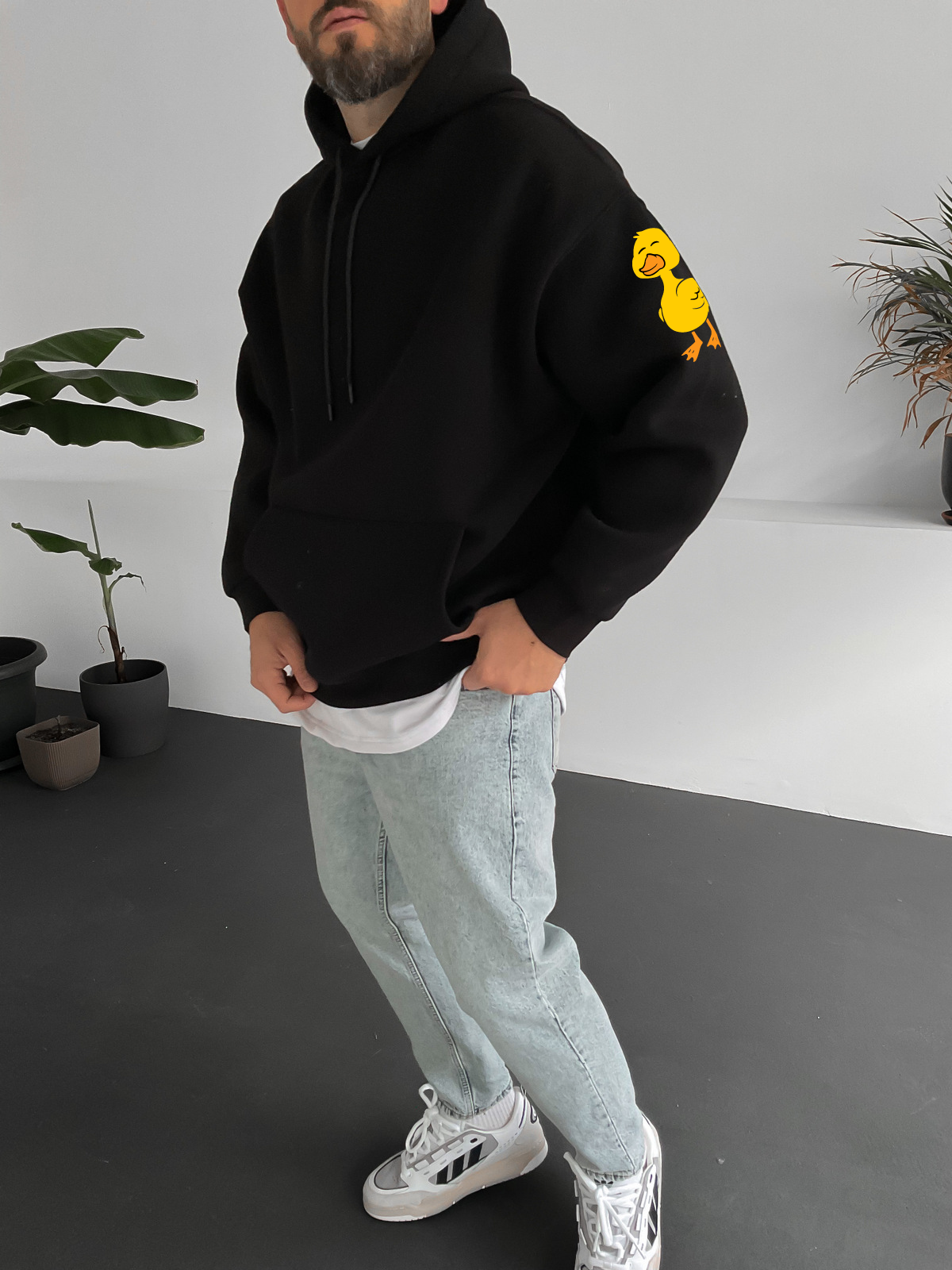 Black "Duck Lover" Printed Oversize Hoodie - Broek