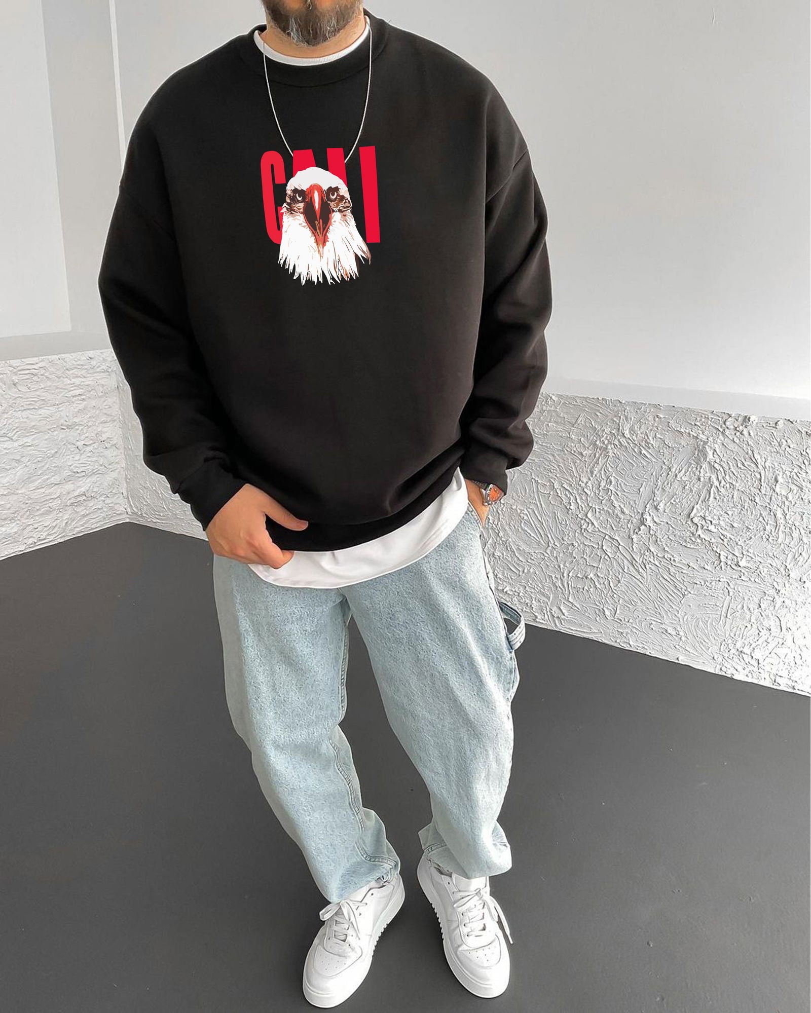 Black "Eagle" Printed Oversize Sweatshirt - Broek