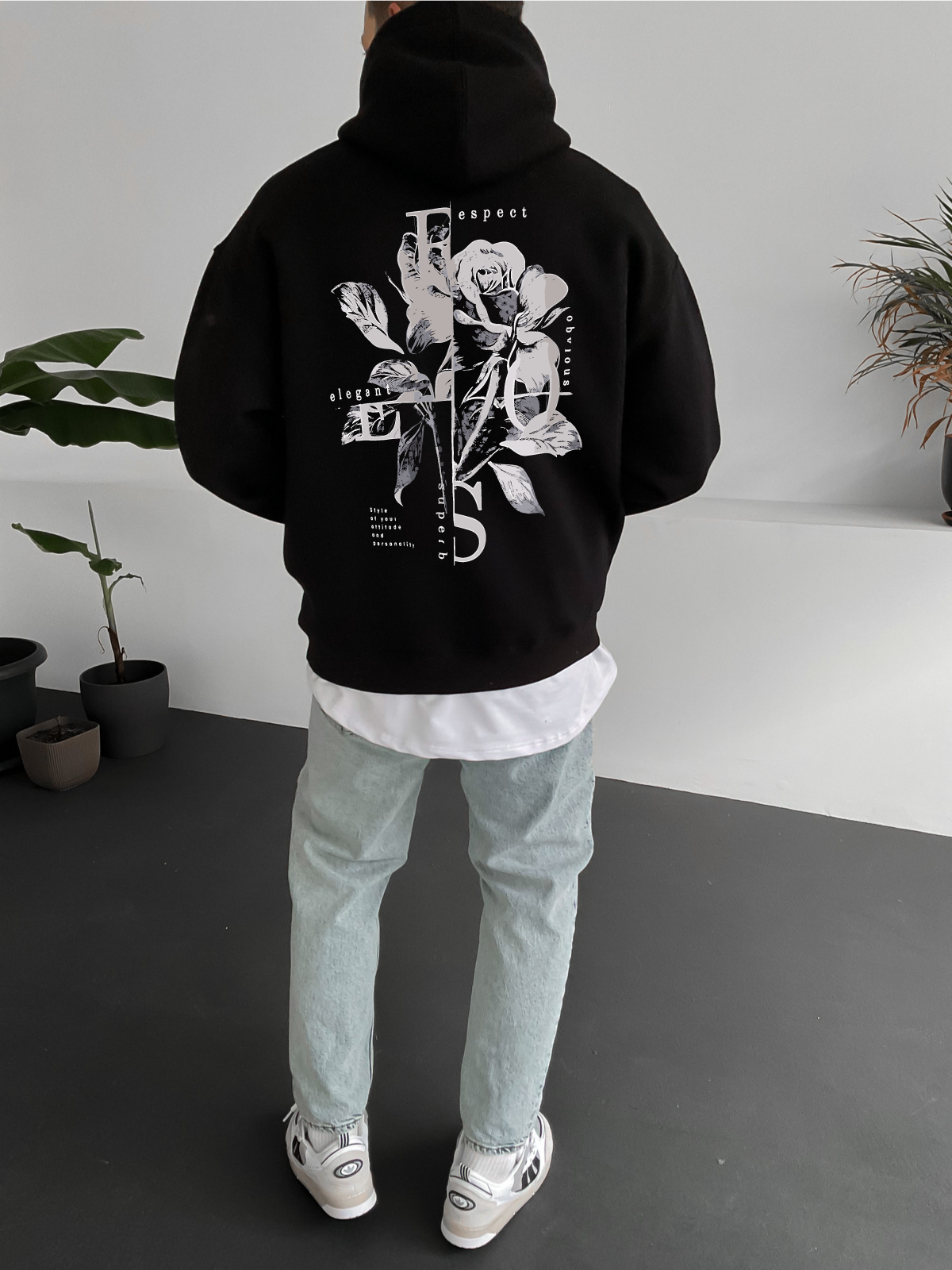 Black "Flower" Printed Oversize Hoodie - Broek