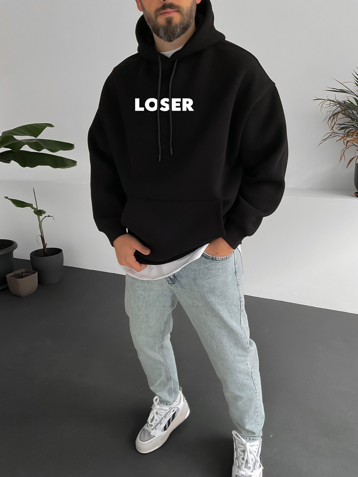 Black "Loser" Printed Oversize Hoodie - Broek