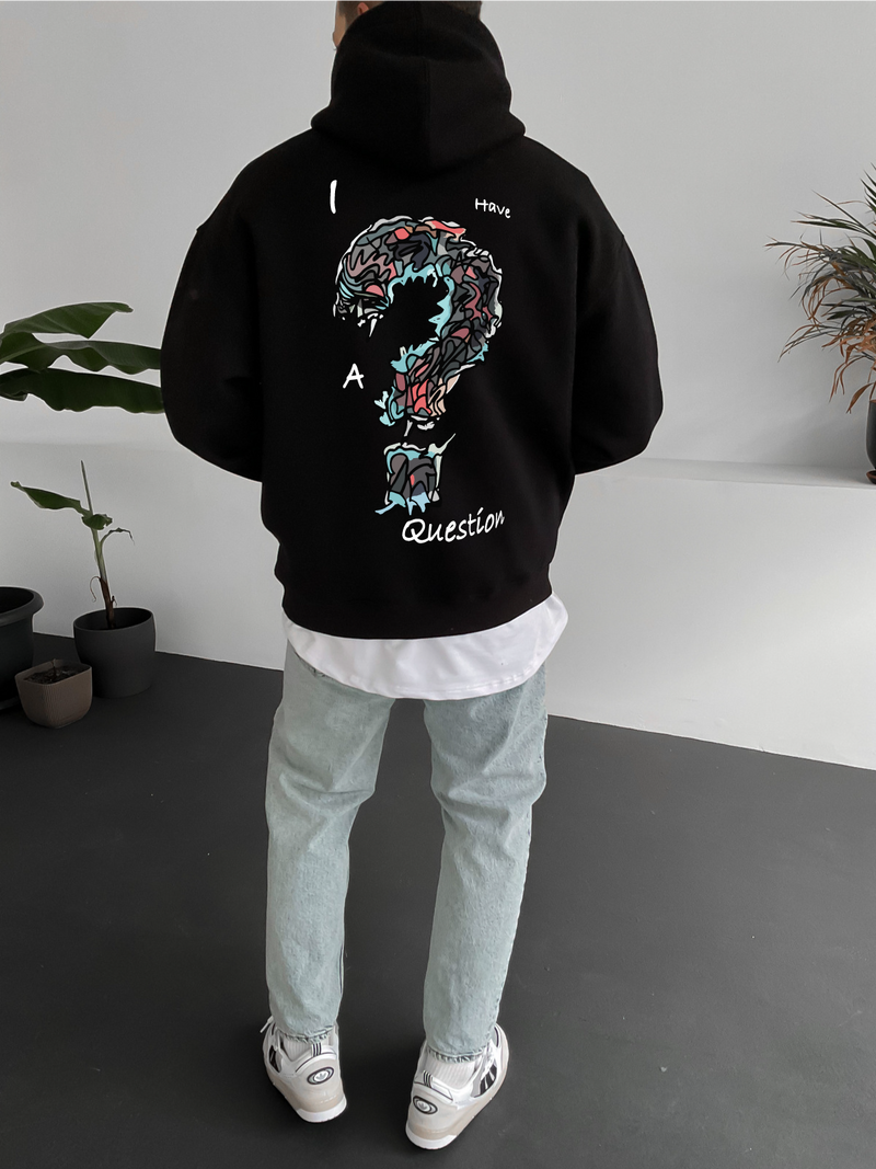 Black "Question" Printed Oversize Hoodie
