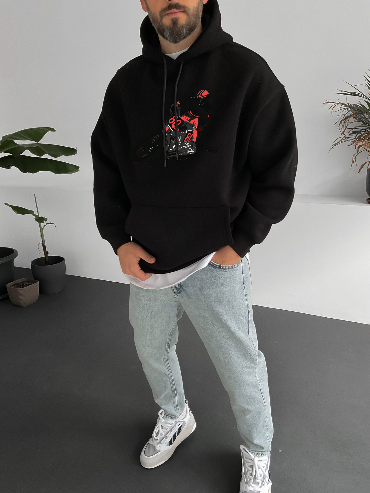 Black "Racing" Printed Oversize Hoodie - Broek