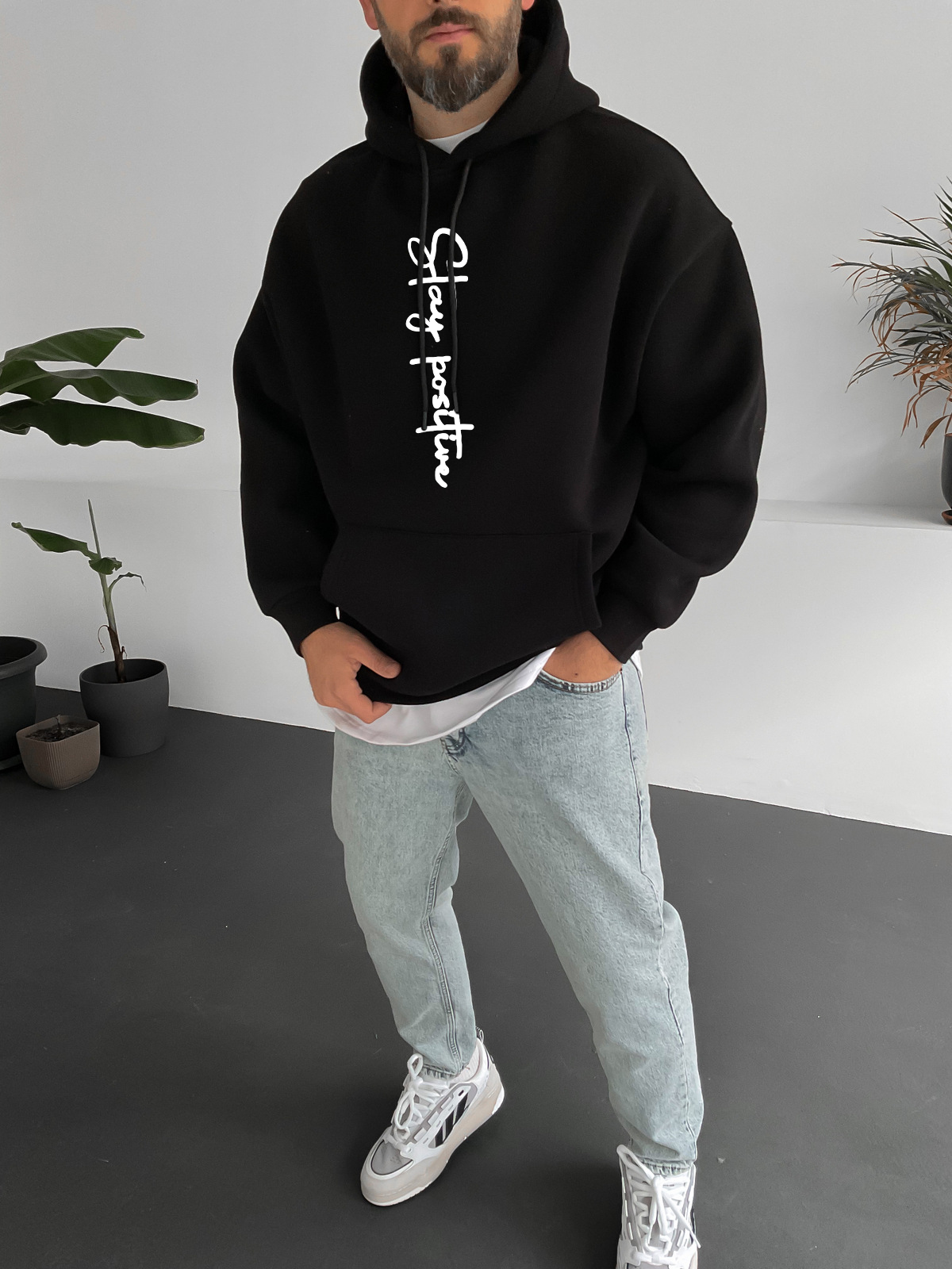 Black "Stay Positive" Printed Oversize Hoodie - Broek