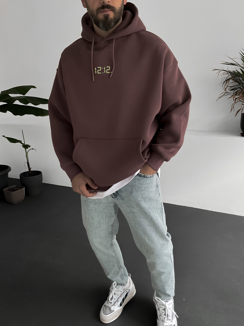 Brown "12:12" Printed Oversize Hoodie