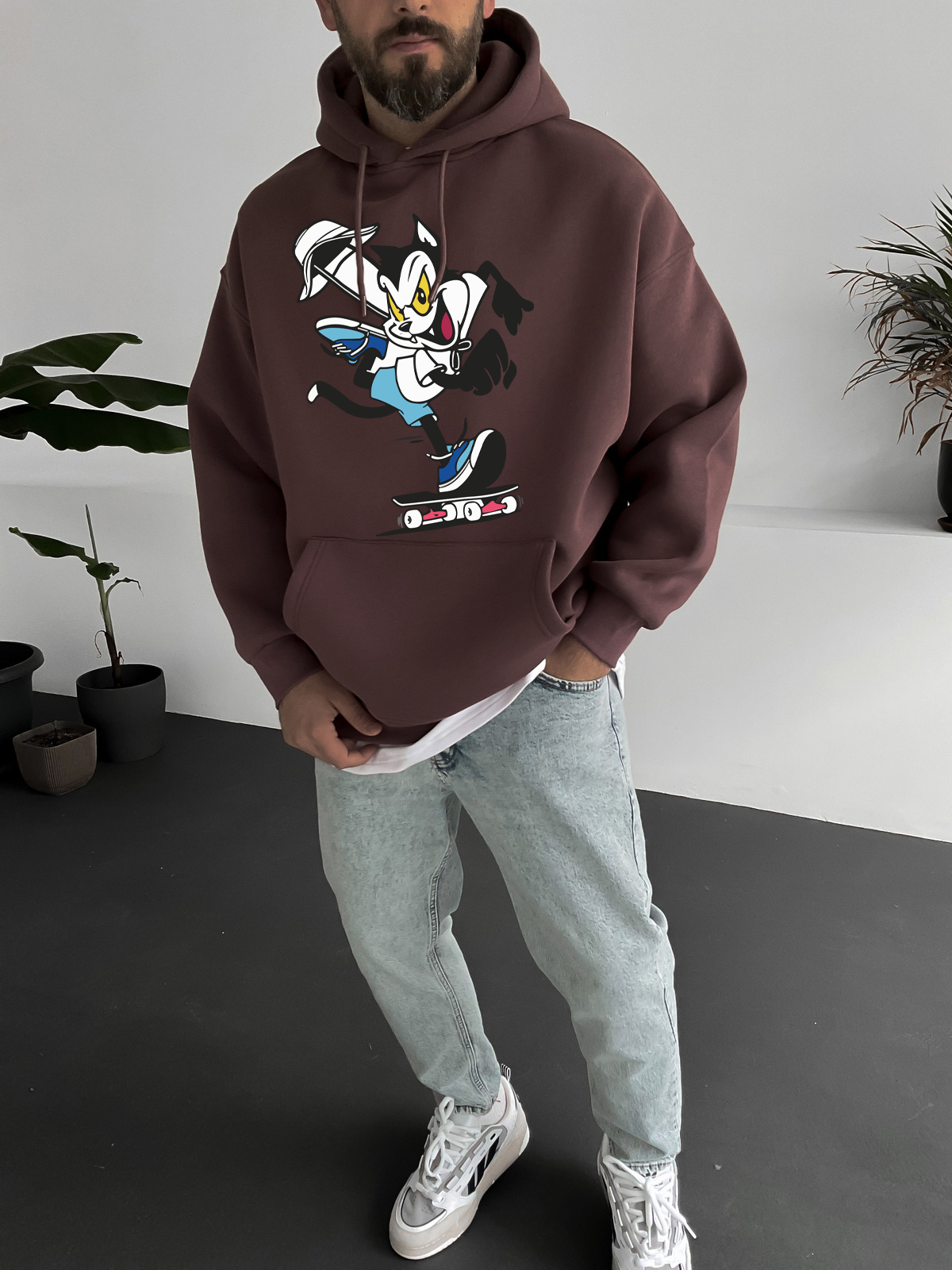 Brown "Cat" Printed Oversize Hoodie - Broek