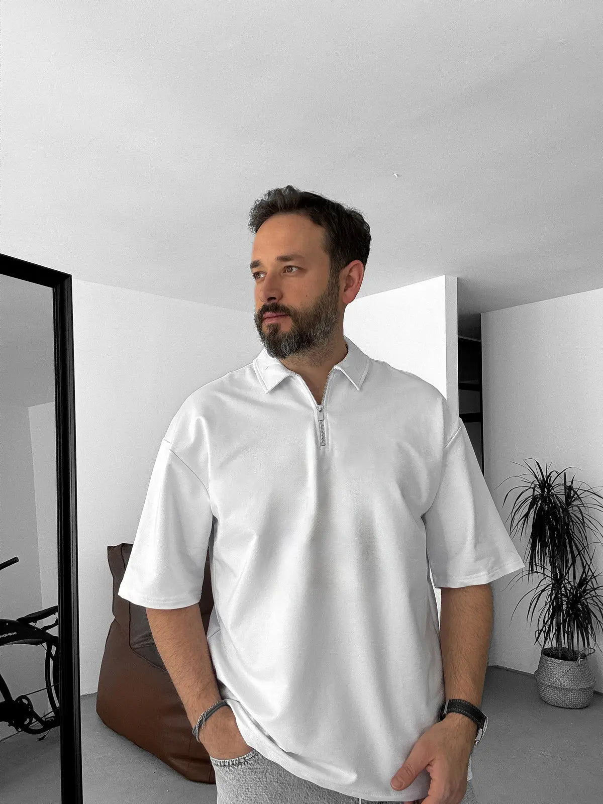 White Basic Half Zipper T-Shirt - Broek