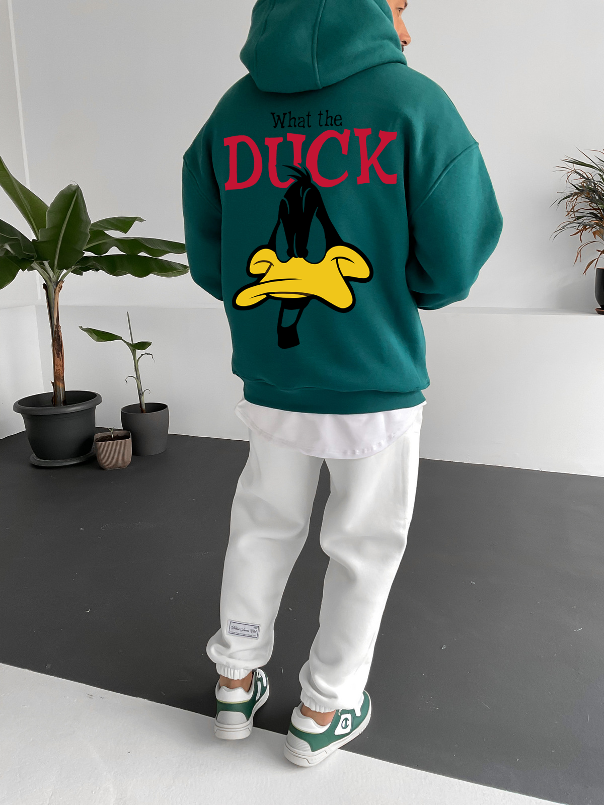 Dark Green "What's the duck" Printed Oversize Hoodie - Broek