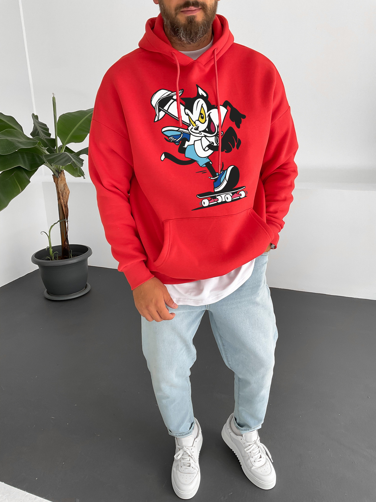 Red "Cat" Printed Oversize Hoodie - Broek