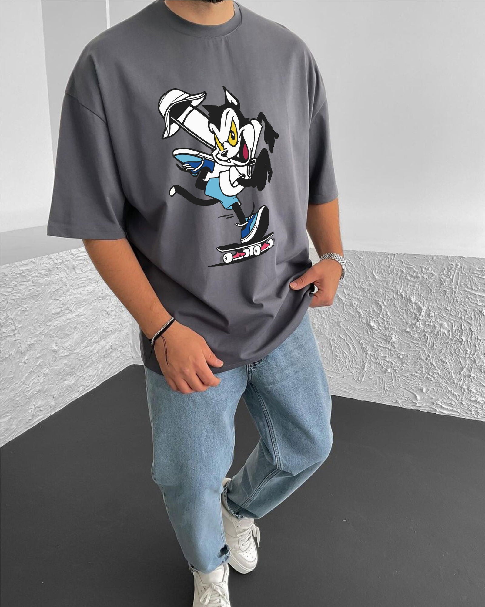 Smoked "Cat" Printed Oversize T-Shirt - Broek