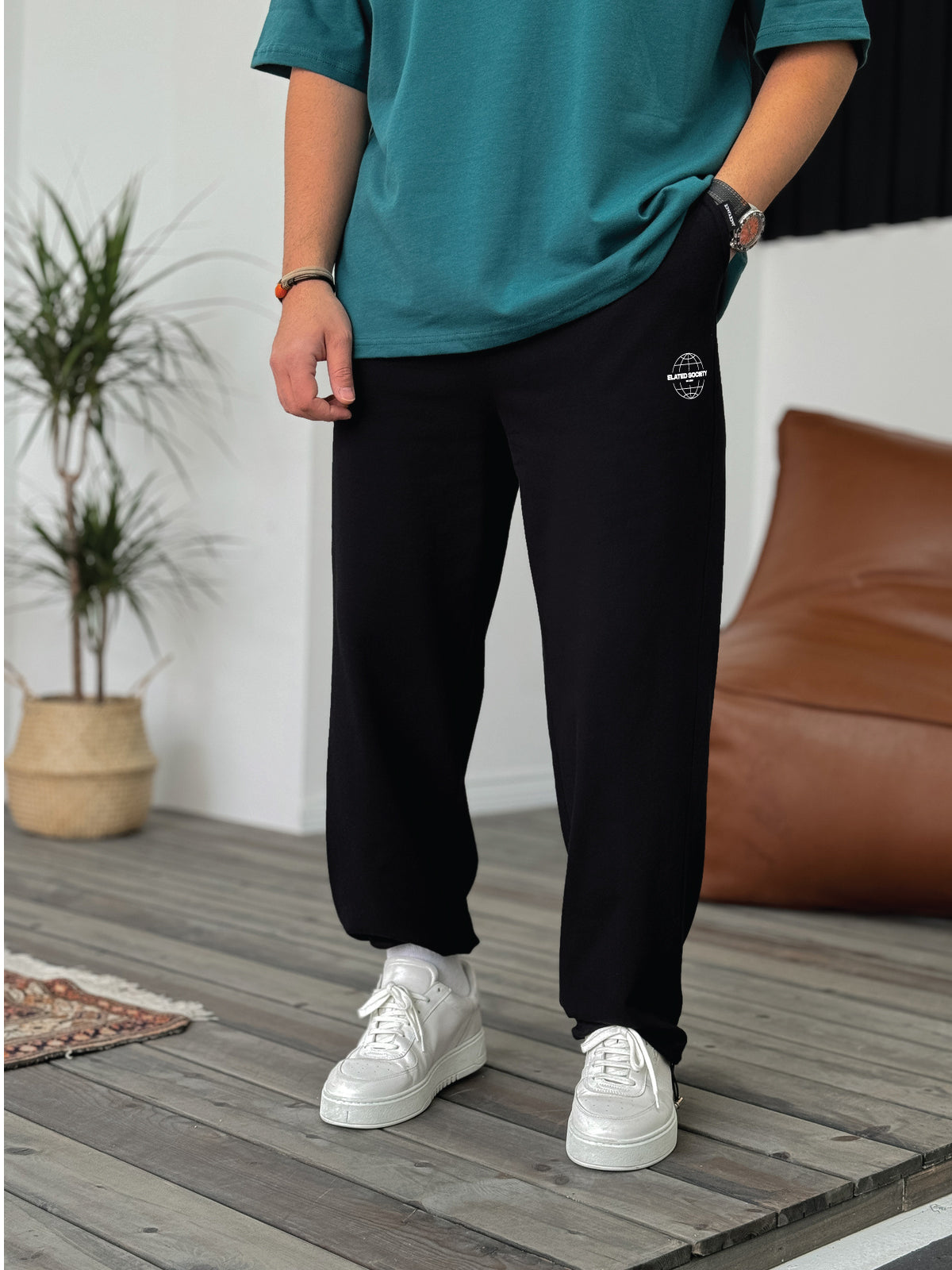 Black "Society" Printed Summer Sweatpants - Broek