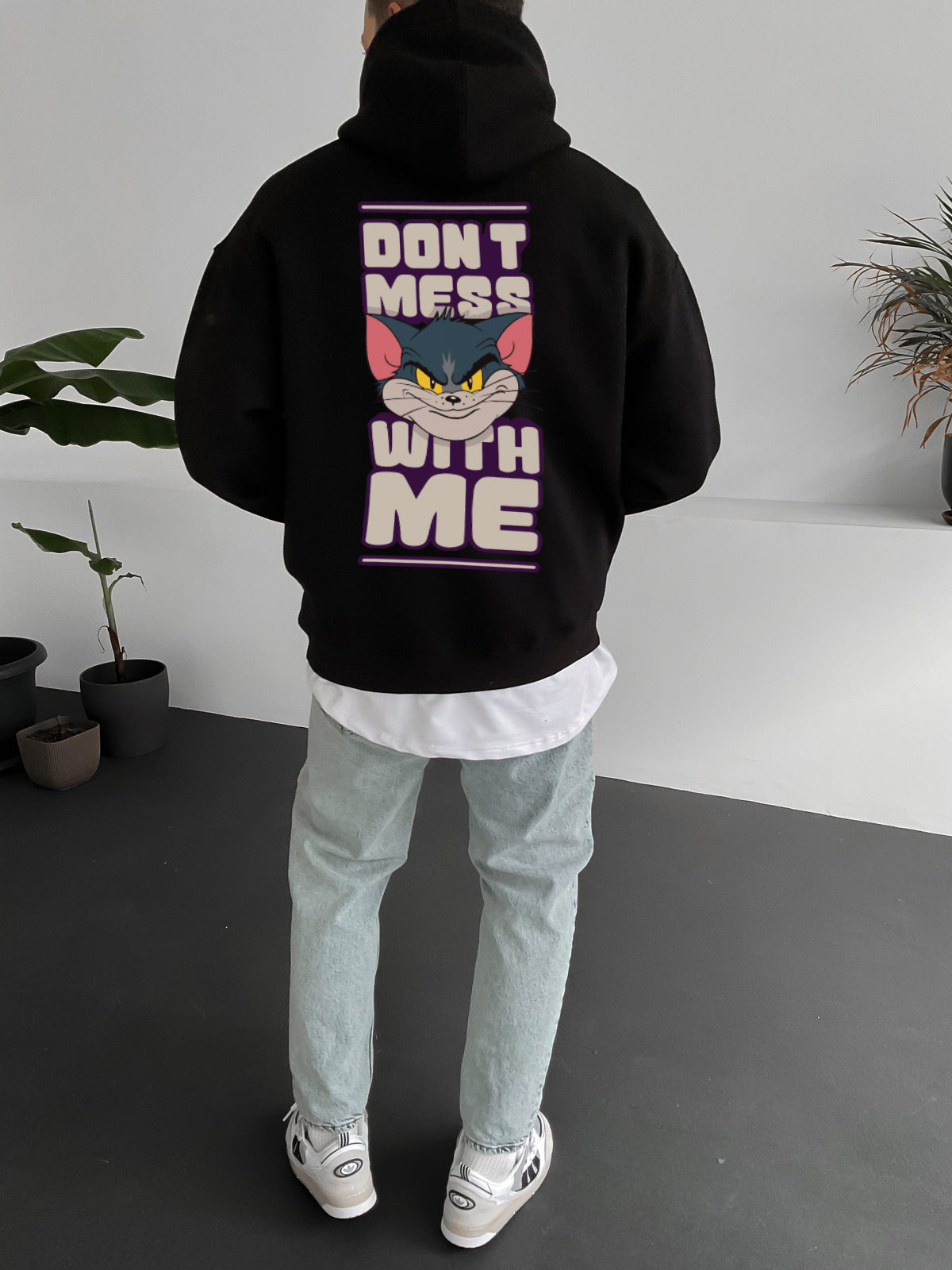 Black "don't-mess-with-me" Printed Oversize Hoodie Broek