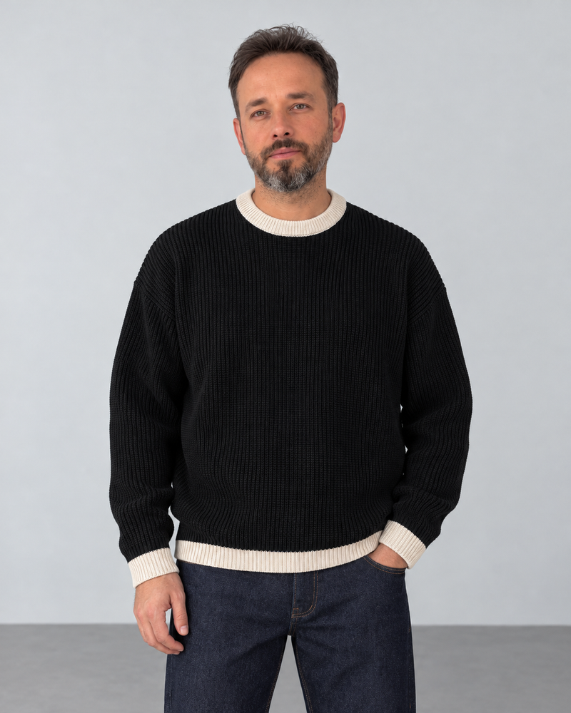 Contrast Trim Knit Sweater - Black