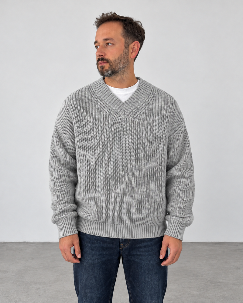 Premium Knitted V-Neck Sweater - Gray