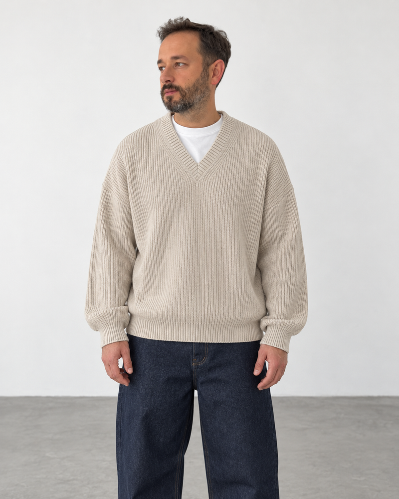 Premium Knitted V-Neck Sweater - Beige