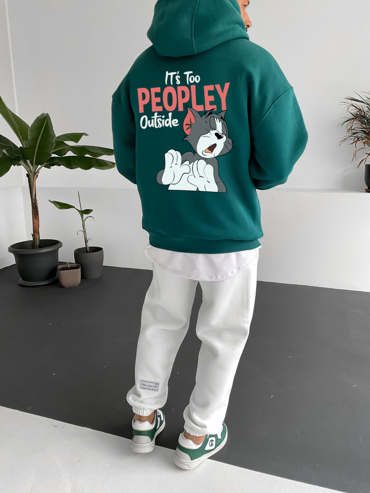 Dark Green "it's-too-peoply-outside" Printed Oversize Hoodie Broek