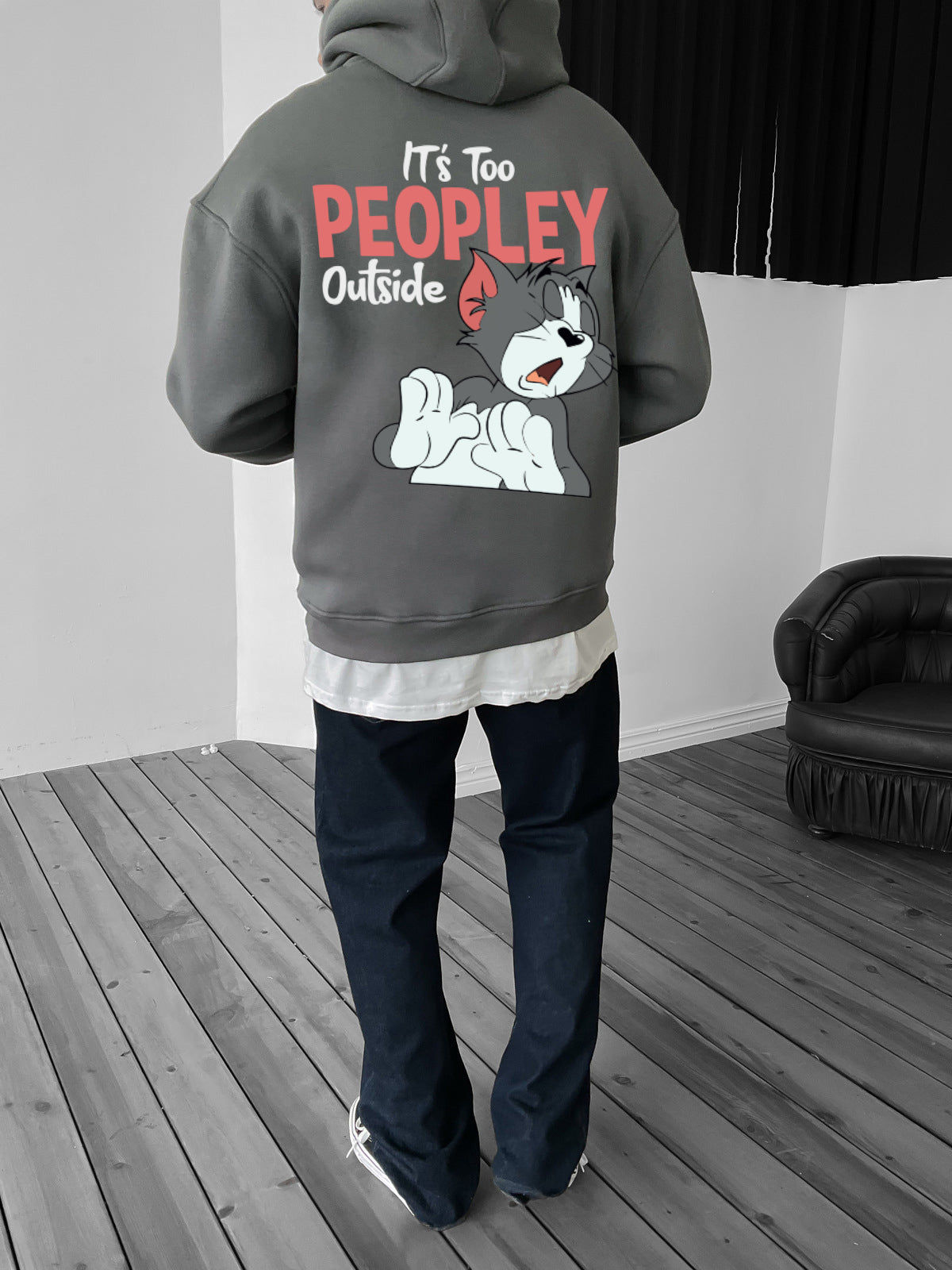 Smoked "it's-too-peoply-outside" Printed Oversize Hoodie Broek