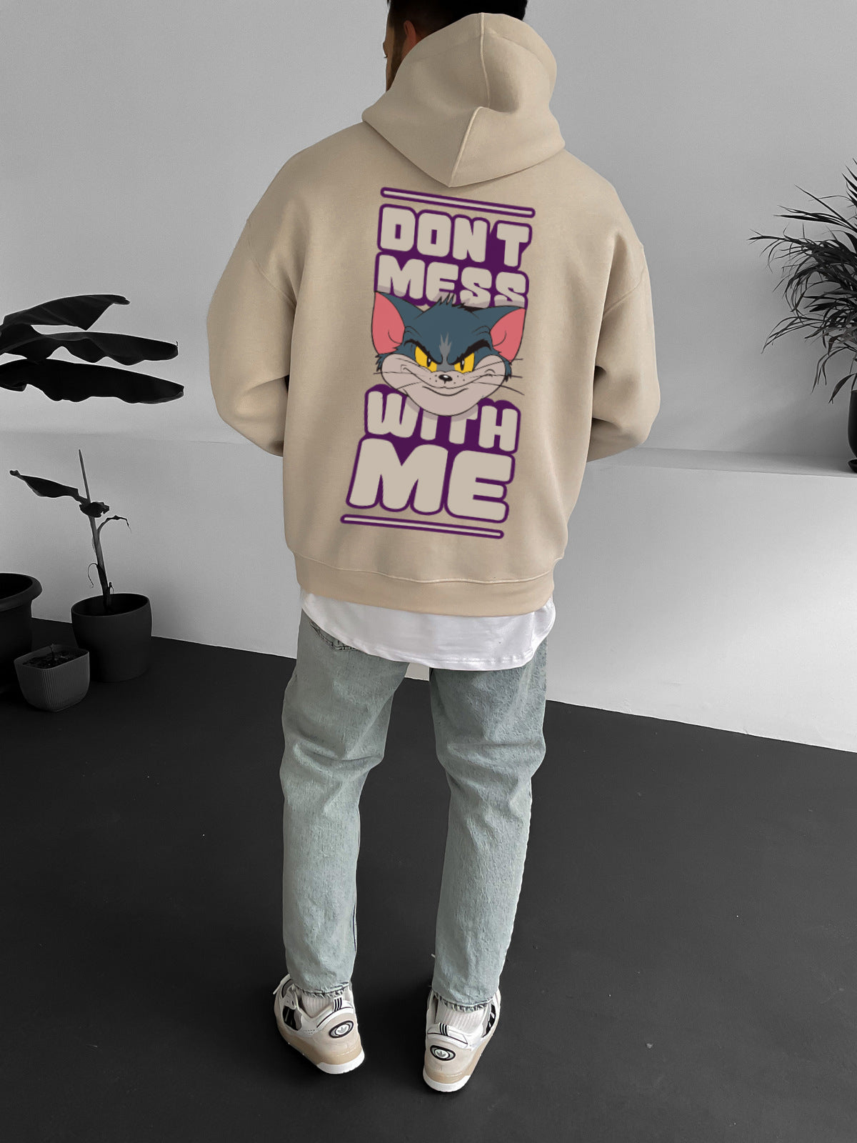 Beige "don't-mess-with-me" Printed Oversize Hoodie Broek