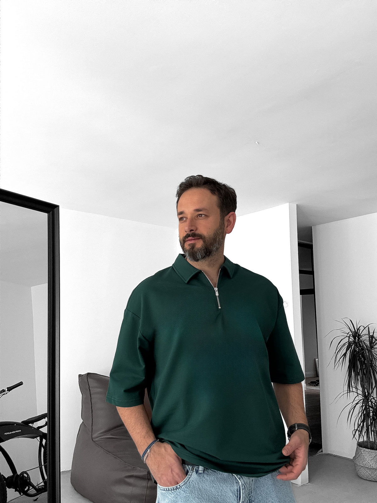 Olive-Green Basic Half Zipper T-Shirt