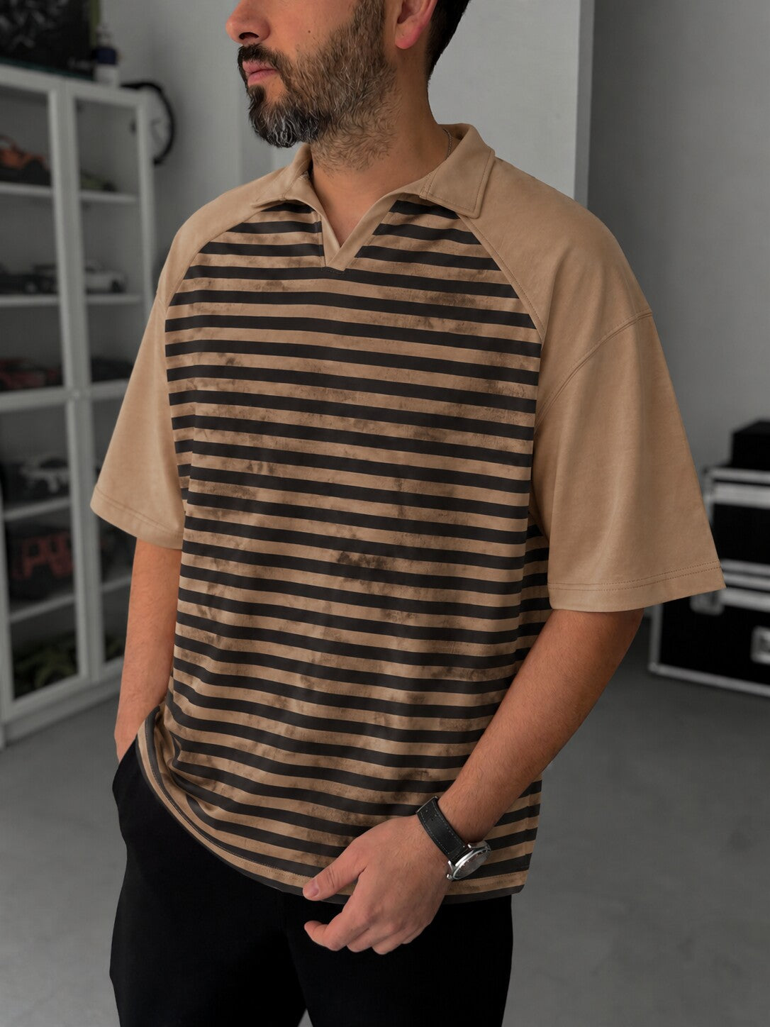 Men's Vintage Striped Polo in beige and dark brown - front view