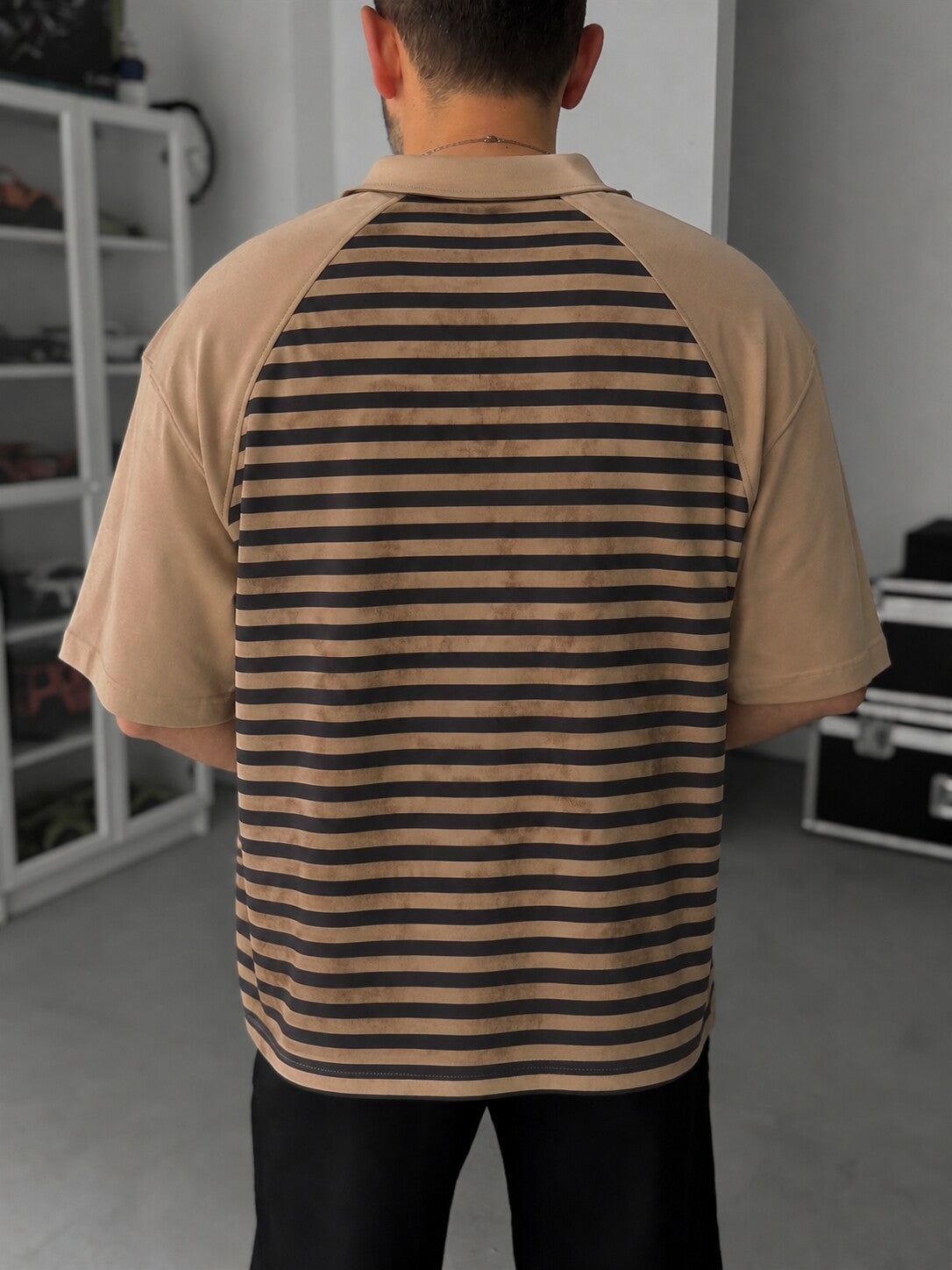 Men's Vintage Striped Polo in beige and dark brown - back view