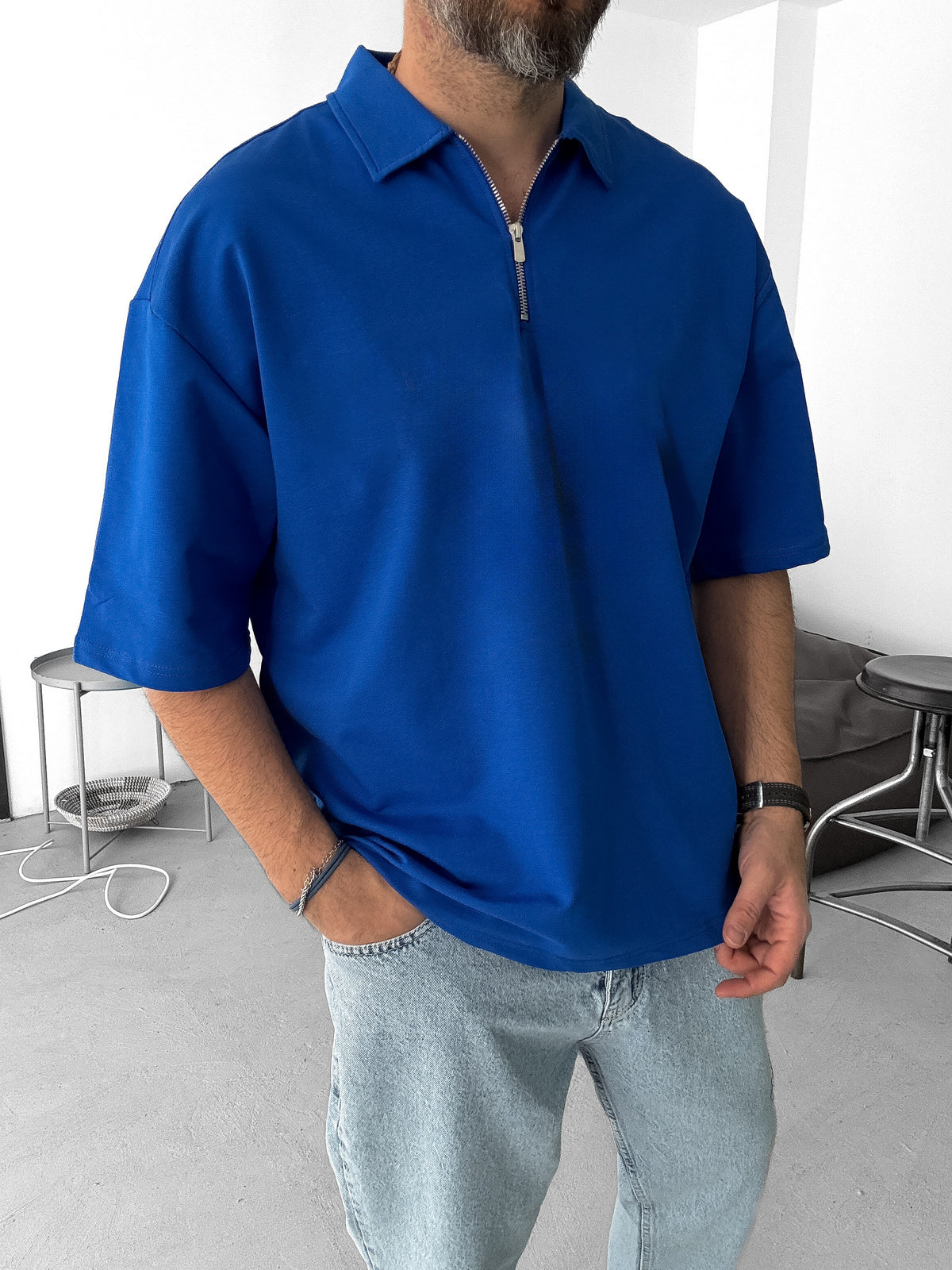 Blue Basic Half Zipper T-Shirt