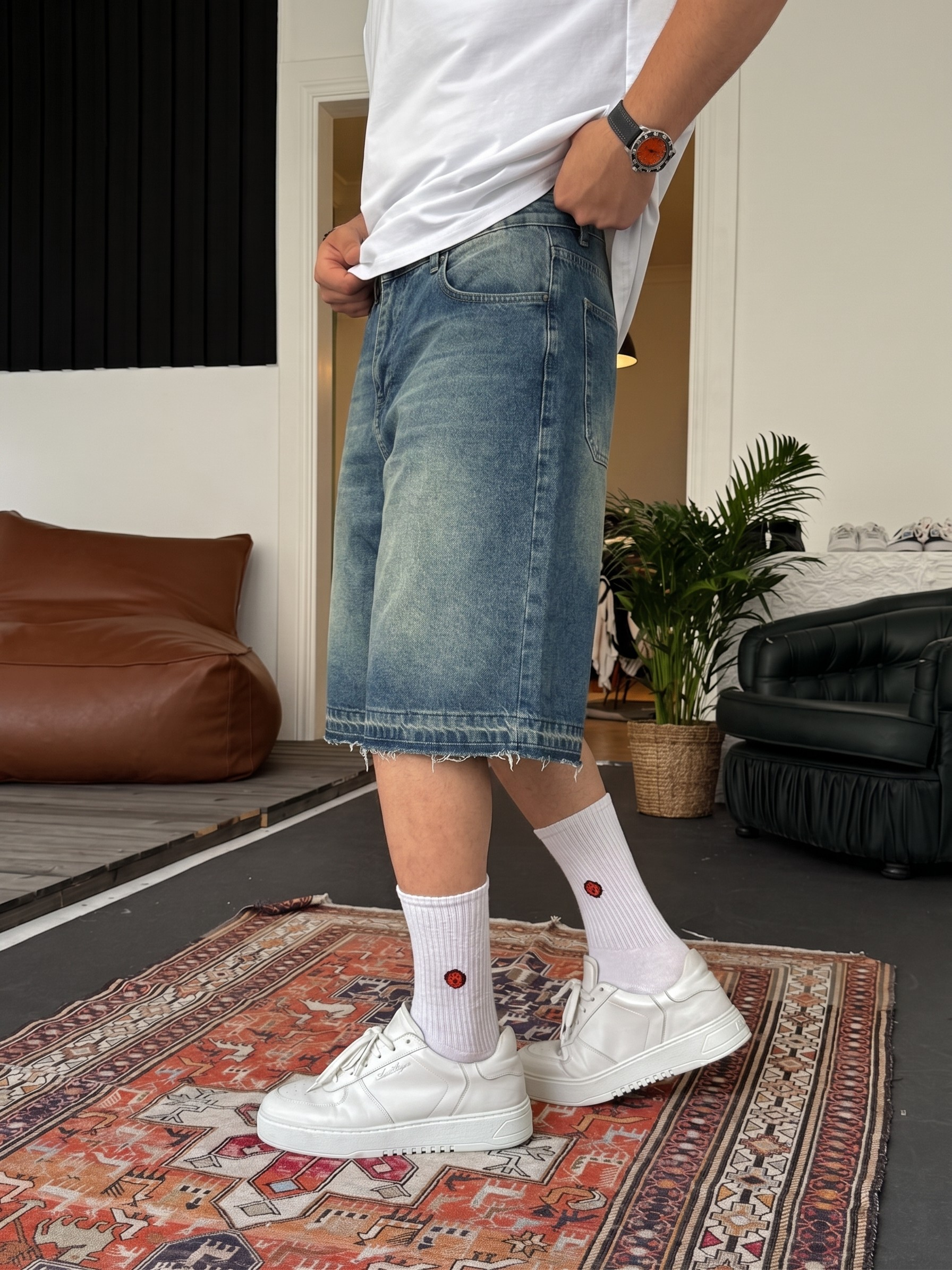 Stone Blue Wash Unfinished Hem Denim Shorts