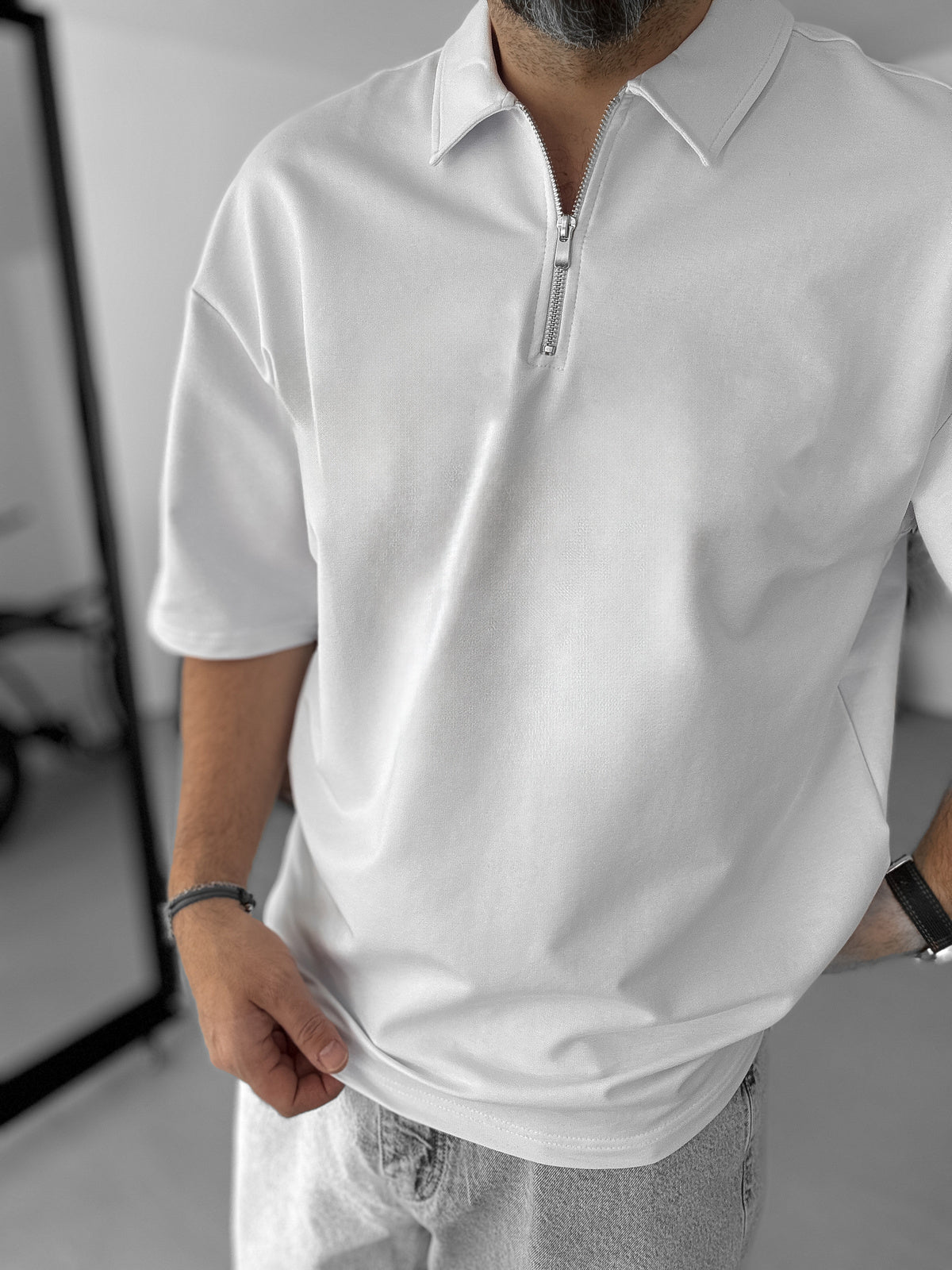 White Basic Half Zipper T-Shirt