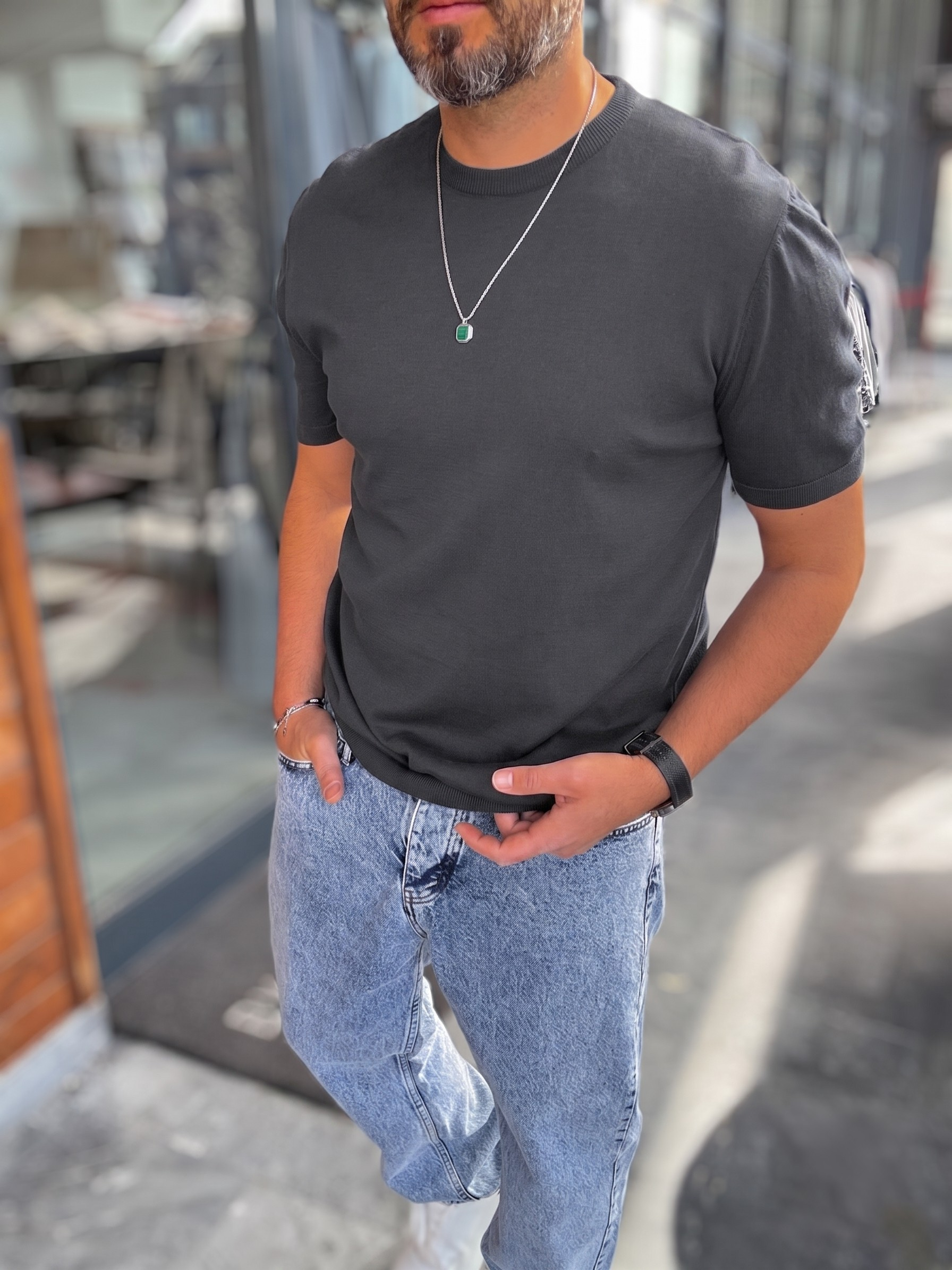 Dark Grey Crewneck Knitted Tee